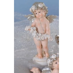 Angelo in resina e ceramica con coroncina di rose e ghirlanda 12x23,5 cm