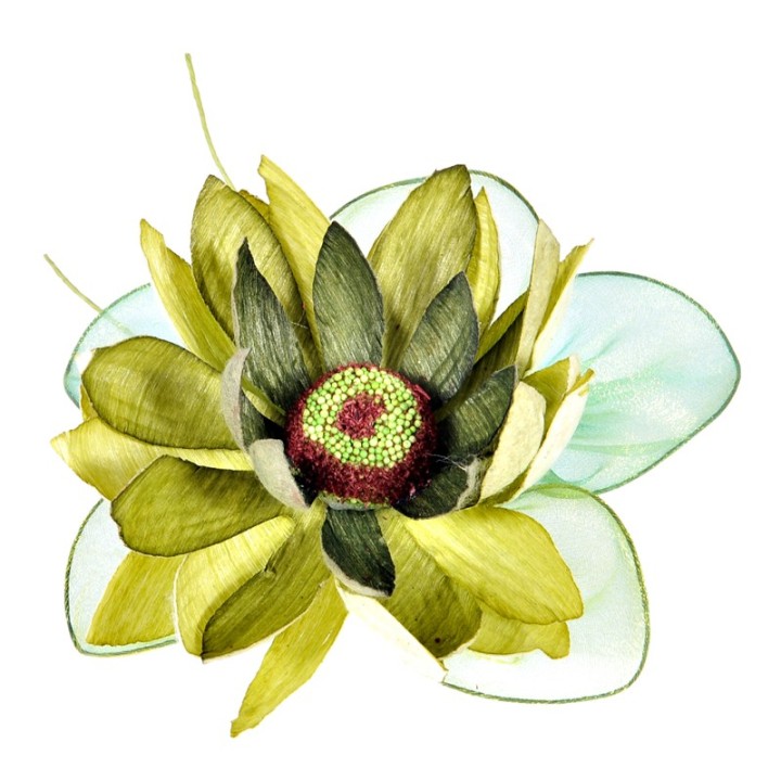 Ninfea verde in tessuto con petali in organza, 13 cm