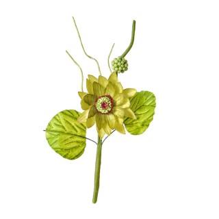 Rametto con fiore di ninfea verde in tessuto e foglie, 17 cm