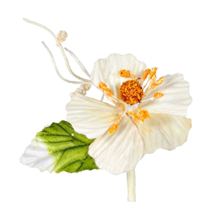 Ramo con fiore di papavero in tessuto color crema e foglia verde