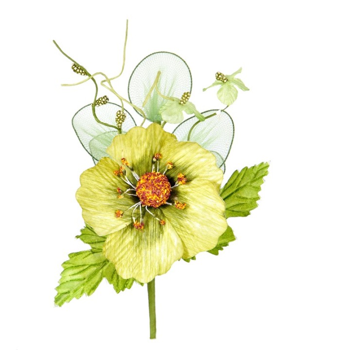 Ramo con fiore di papavero verde in tessuto e fiorellini in organza