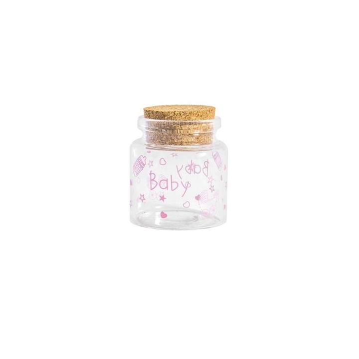 Vasetto portaconfetti in vetro con scritta Baby rosa e tappo in sugher
