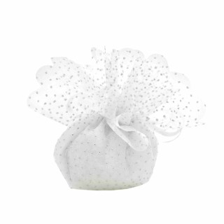 Velo tondo in tulle bianco a pois argento con tirante