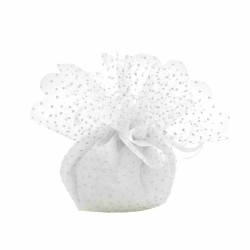 Velo tondo in tulle bianco a pois argento con tirante