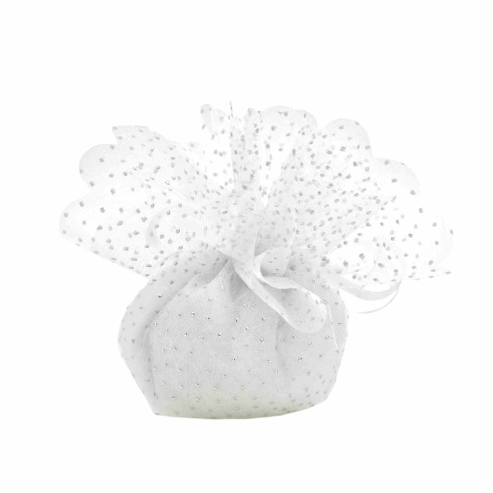 Velo tondo in tulle bianco a pois argento con tirante