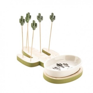 Set aperitivo con ciotola in ceramica, base in legno e 10 stecchini a