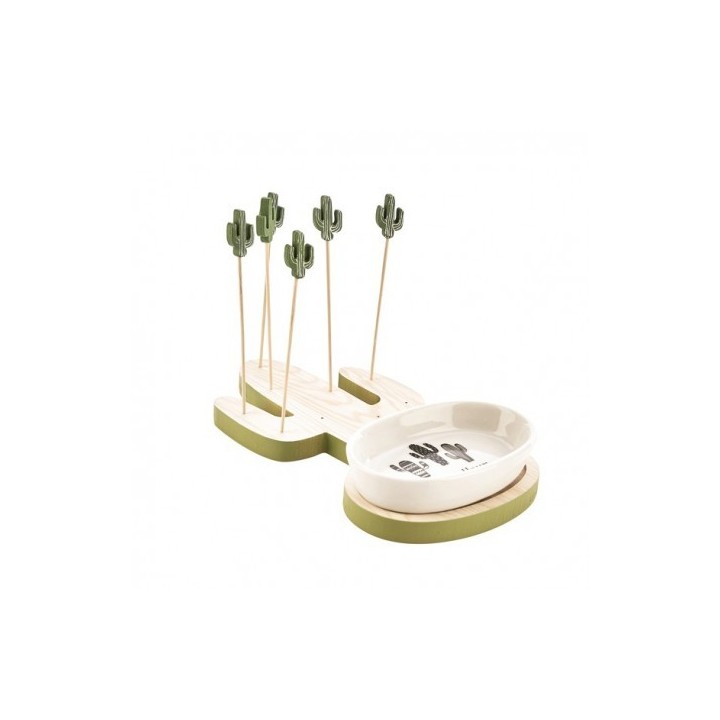 Set aperitivo con ciotola in ceramica, base in legno e 10 stecchini a
