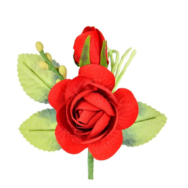 Rametto con rosa rossa, bocciolo e foglie in tessuto