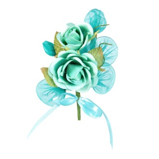 Rametto con rose grandi color tiffany in tessuto e organza con nastrin