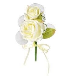Rametto con rose grandi color crema in tessuto e organza con nastrino