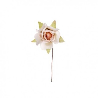Rosellina color crema e beige con foglioline e stelo, 3 cm