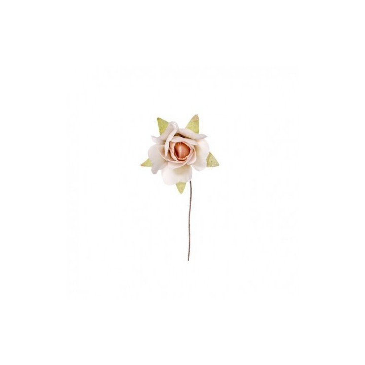 Rosellina color crema e beige con foglioline e stelo, 3 cm