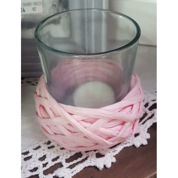 Portacandela in vetro con rafia rosa | CarinCasa