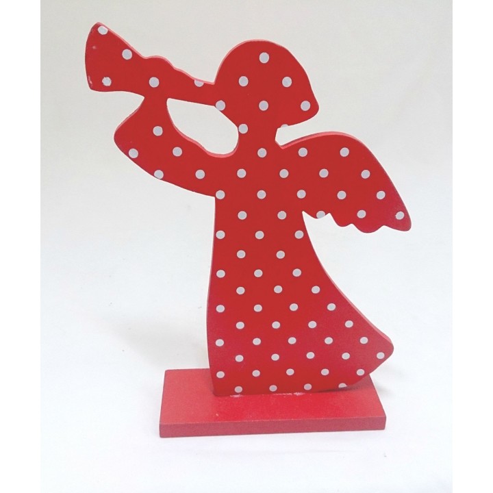 Angelo con tromba rosso pois base legno grande | CarinCasa
