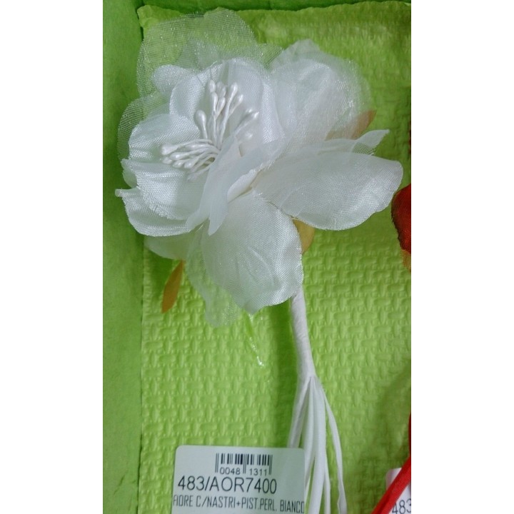 Fiore c/nastri+pist.perl. Bianco | CarinCasa