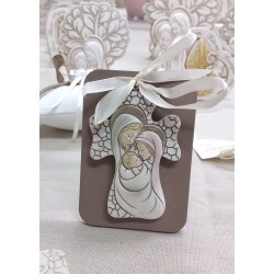 Soggetto Religioso in Legno rettangolare con placca croce in ceramica sacra famiglia con scatola