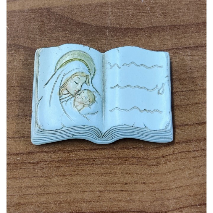 Magnete a forma di libro aperto con Madonna e bambino in resina