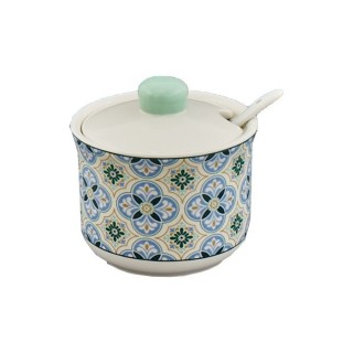 Zuccheriera in ceramica decorata Sicilia con cucchiaino e coperchio bl