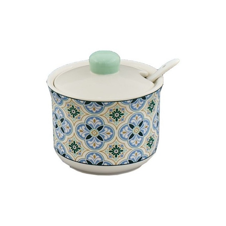Zuccheriera in ceramica decorata Sicilia con cucchiaino e coperchio bl