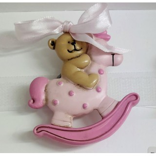 Appendino cavallino a dondolo rosa con orsetto in resina