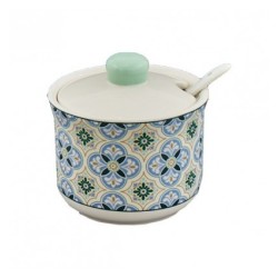 Zuccheriera in ceramica decorata Retrò con cucchiaino e coperchio verde