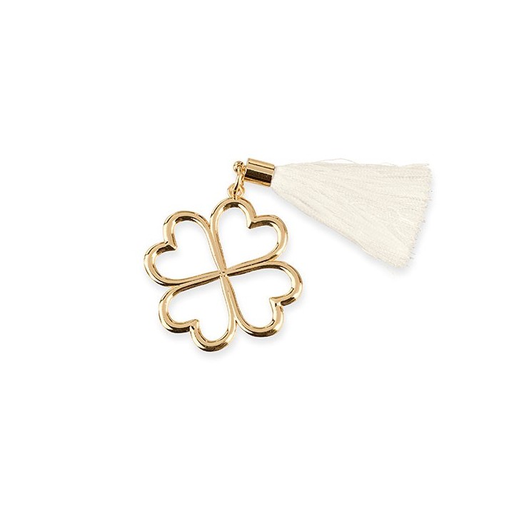 Quadrifoglio in metallo oro con nappina bianca da appendere…