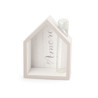 Casa in legno con fiala porta fiore, scritta amore tortora…