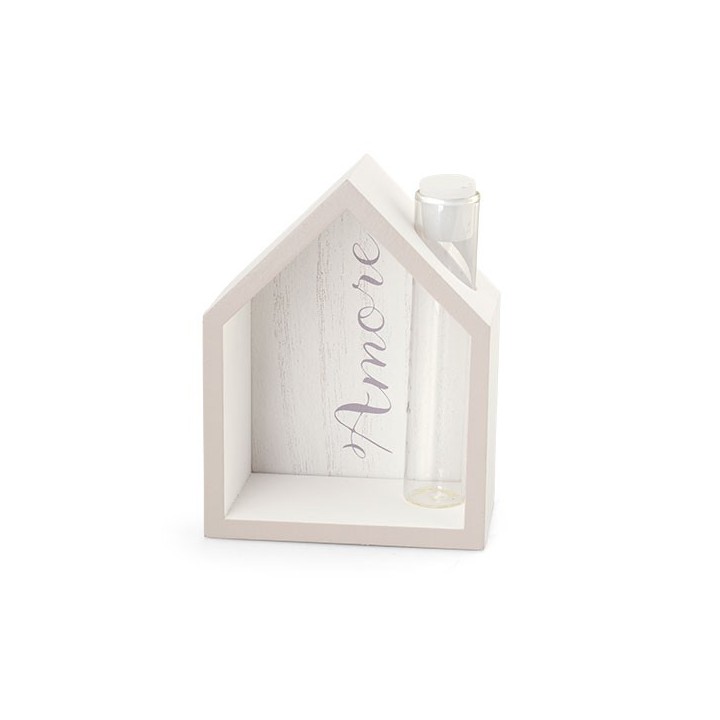 Casa in legno con fiala porta fiore, scritta amore tortora…