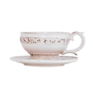 Tazzina con piattino in ceramica bianca decorata effetto shabby