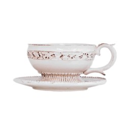 Tazzina con piattino in ceramica bianca decorata effetto shabby
