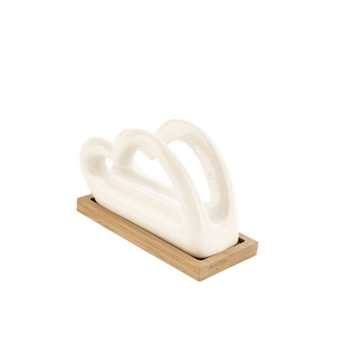 Portatovaglioli a cuore in ceramica bianca con base in bambù, 12x6,5 c