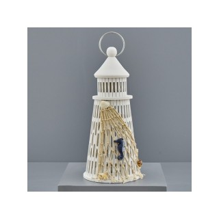 Faro decorativo bianco con rete e conchiglie, luce LED, 25,5 cm
