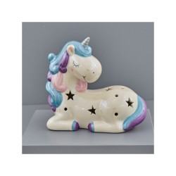 Unicorno sdraiato in ceramica con luce LED e stelline traforate, grande, 16 cm