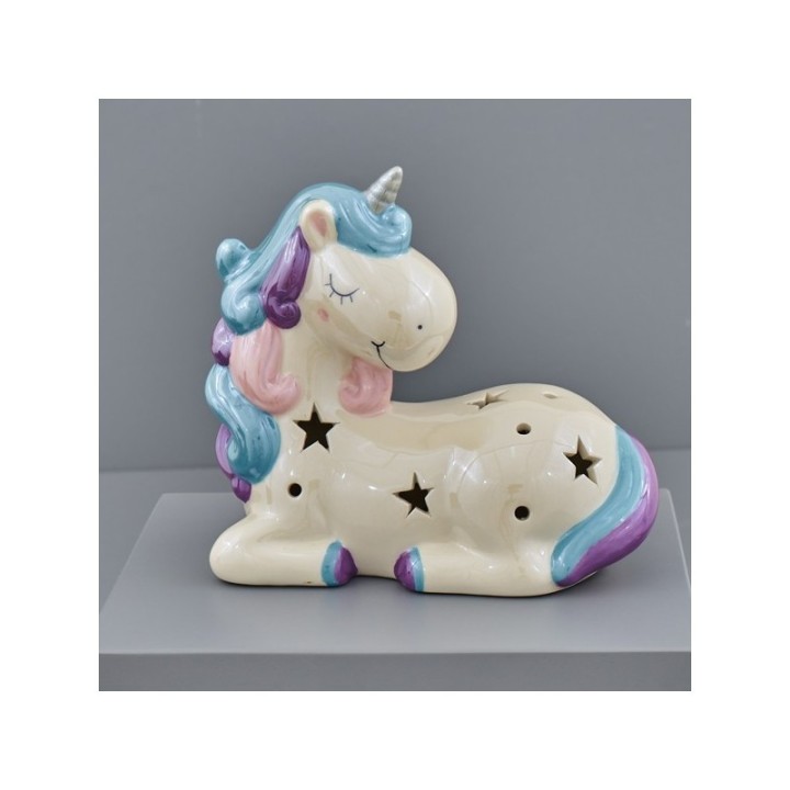 Unicorno sdraiato in ceramica con luce LED e stelline traforate, grand