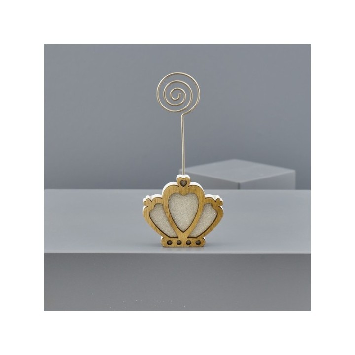 Clip segnaposto con corona e cuori in legno, 5,7x12 cm